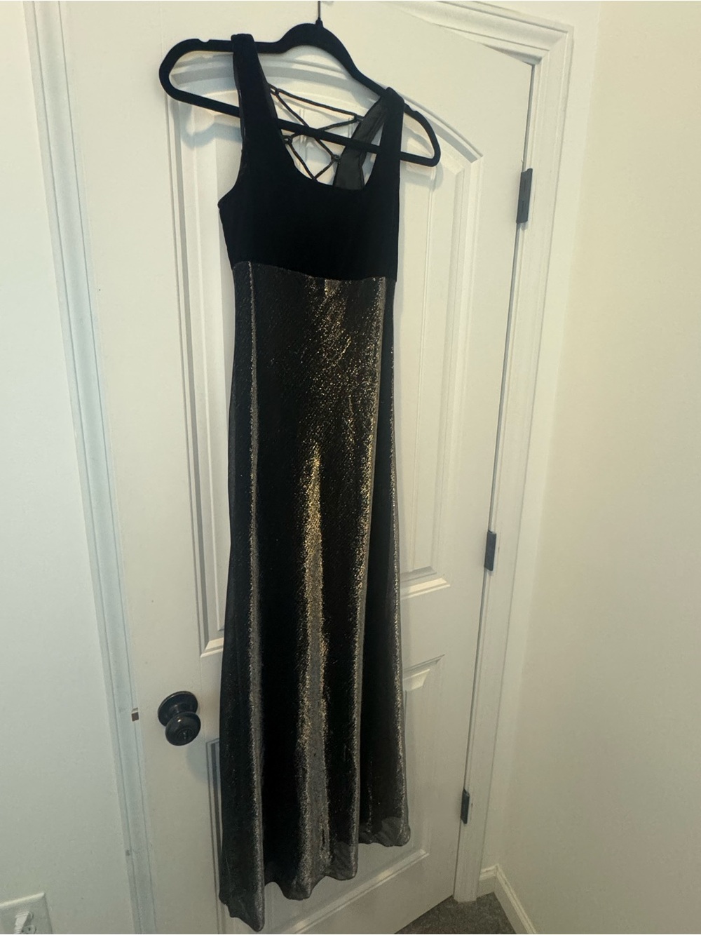 Vintage Jump Apparel Co. Black Velvet Metallic Maxi Dress Lace-Up Back